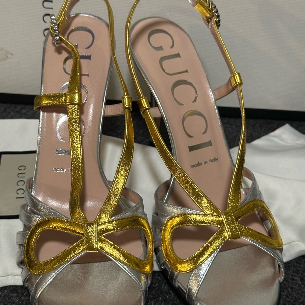 Gucci Gold and Silver Slingback Heels with Metallic Bow